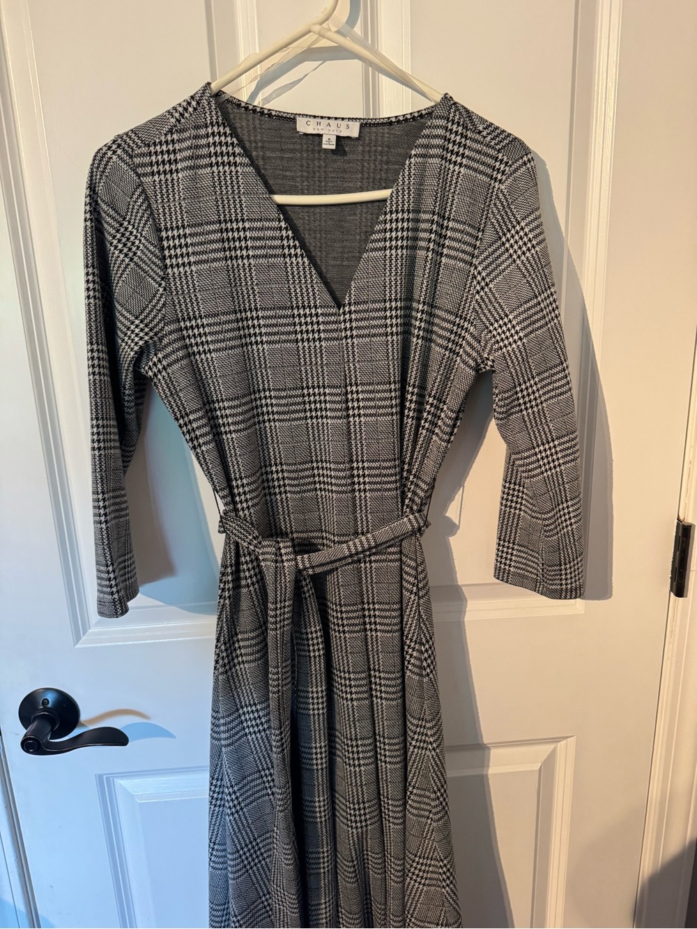 Chaus Gray and Black Plaid flattering a-line Style 3/4 Sleeve Dress.